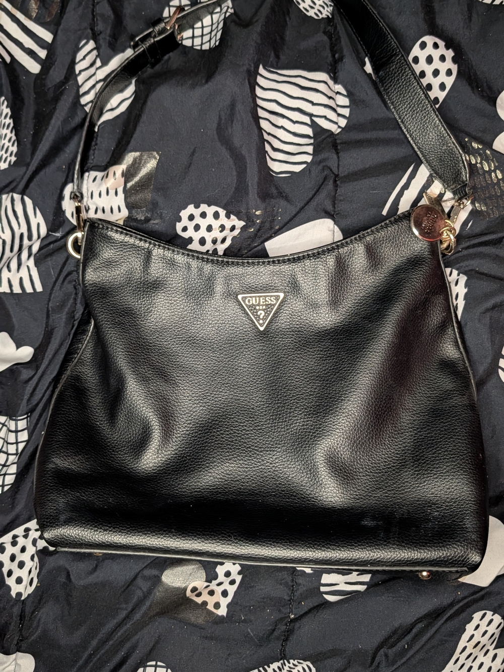 Guess Black Pebbled Leather Shoulder Bag with Gold Accents